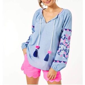 Lilly Pulitzer Keela Embroidered Tassel Top Blouse Long Sleeve Boho Size Small‎